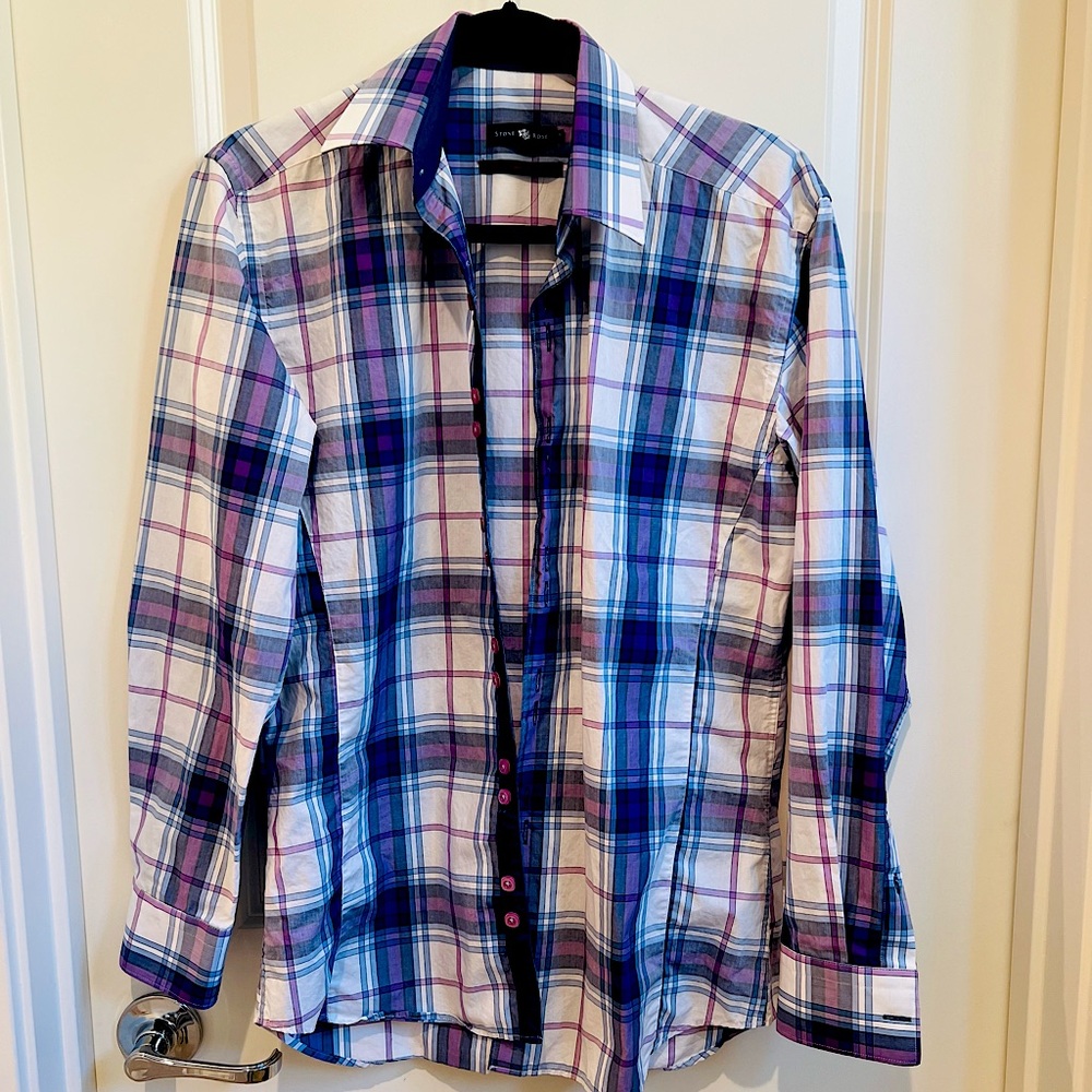 stone rose men’s slim fit lavender checks shirt- size 1